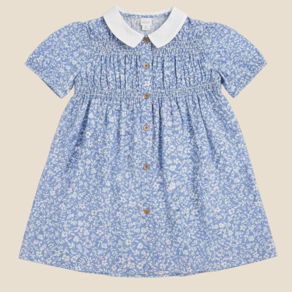 NEXT Kids Blue White Floral Smocked Cotton Dress Peter Pan Collar 2-3 Years 98cm